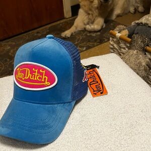 Von Dutch Velvet sky blue trucker- Hot Pink and Yellow Logo